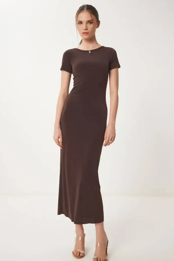 Women's Brown Backless Long Sandy Knit Dress DZ00115 - 2