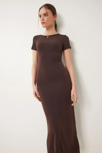 Women's Brown Backless Long Sandy Knit Dress DZ00115 - 3