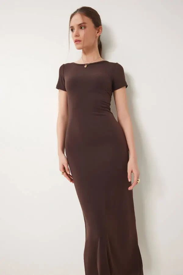 Women's Brown Backless Long Sandy Knit Dress DZ00115 - 3