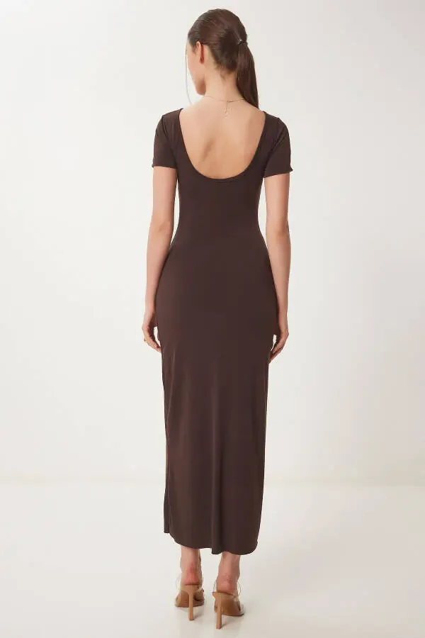 Women's Brown Backless Long Sandy Knit Dress DZ00115 - 5