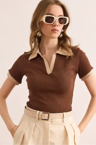 Women's Brown Beige Polo Neck Color Detailed Flexible - 4