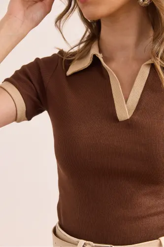 Women's Brown Beige Polo Neck Color Detailed Flexible - 5