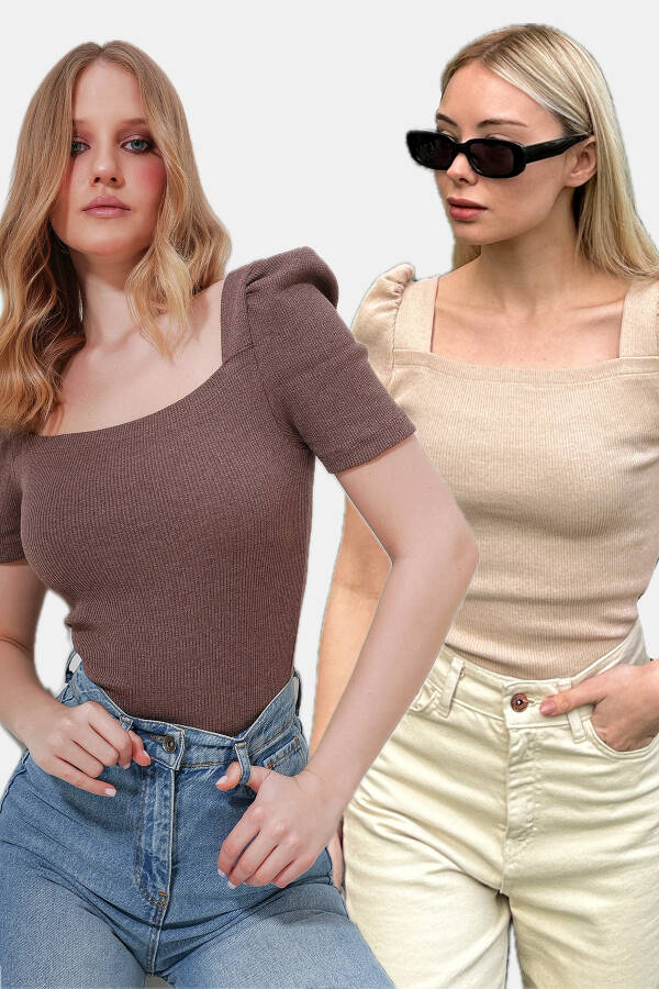 Women's Brown-Beige Square Neck 2 Pack Princess Sleeve Regular Fit Blouse ALC-X8605-TK - 1