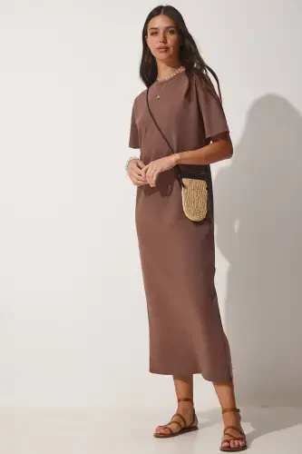Women's Brown Cotton Summer Casual Jersey Dress UB00080-Brown - 1