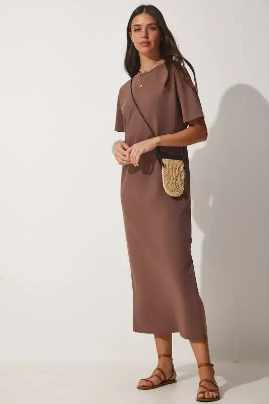Women's Brown Cotton Summer Casual Jersey Dress UB00080-Brown - HAPPINESS İSTANBUL