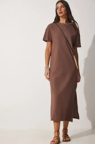 Women's Brown Cotton Summer Casual Jersey Dress UB00080-Brown - HAPPINESS İSTANBUL (1)