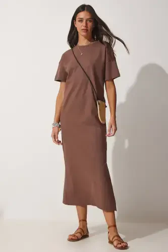 Women's Brown Cotton Summer Casual Jersey Dress UB00080-Brown - 3