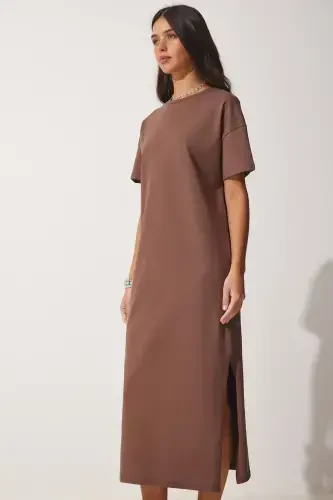 Women's Brown Cotton Summer Casual Jersey Dress UB00080-Brown - 4