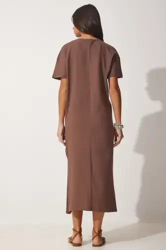 Women's Brown Cotton Summer Casual Jersey Dress UB00080-Brown - 5