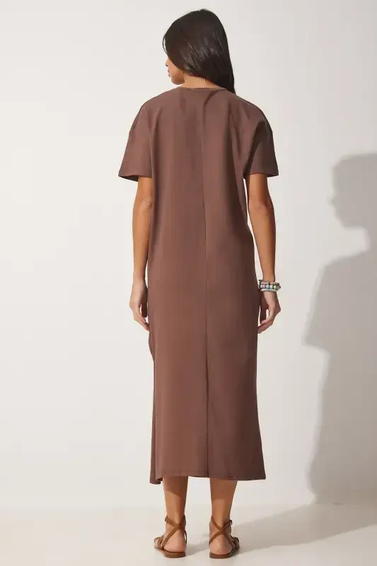Women's Brown Cotton Summer Casual Jersey Dress UB00080-Brown - 5
