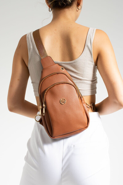 Women's brown crossbody bag with gold accents, belt and chest bag - 13