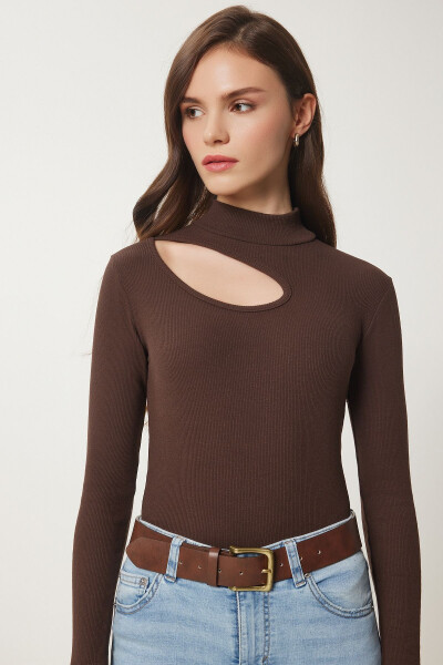 Women's Brown Cut Out Detail Ribbed Knit Blouse GT00065 - 3