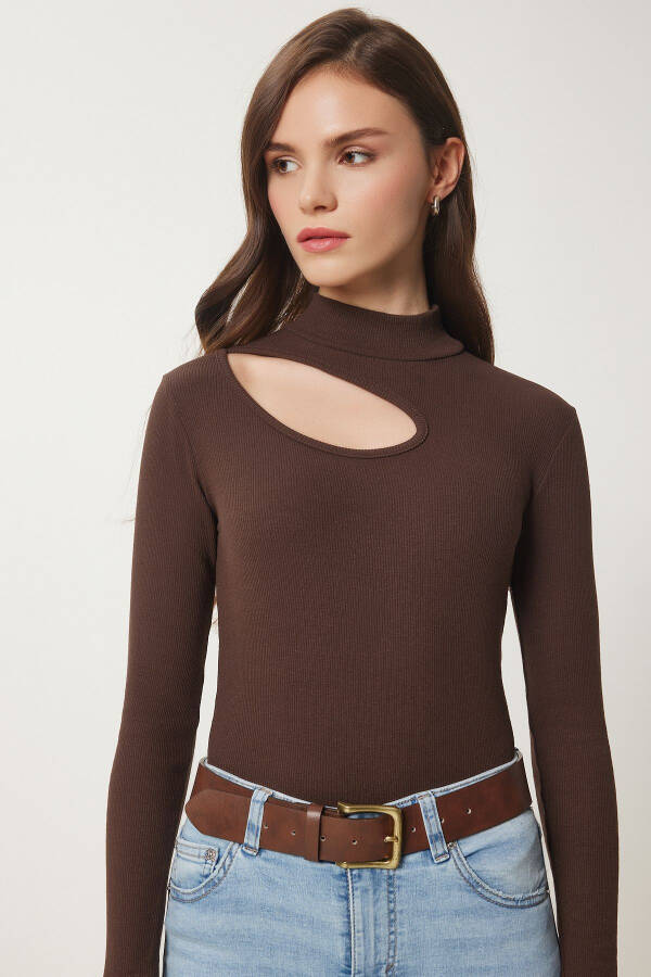 Women's Brown Cut Out Detail Ribbed Knit Blouse GT00065 - 3