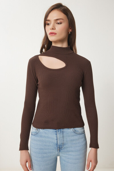 Women's Brown Cut Out Detail Ribbed Knit Blouse GT00065 - 4