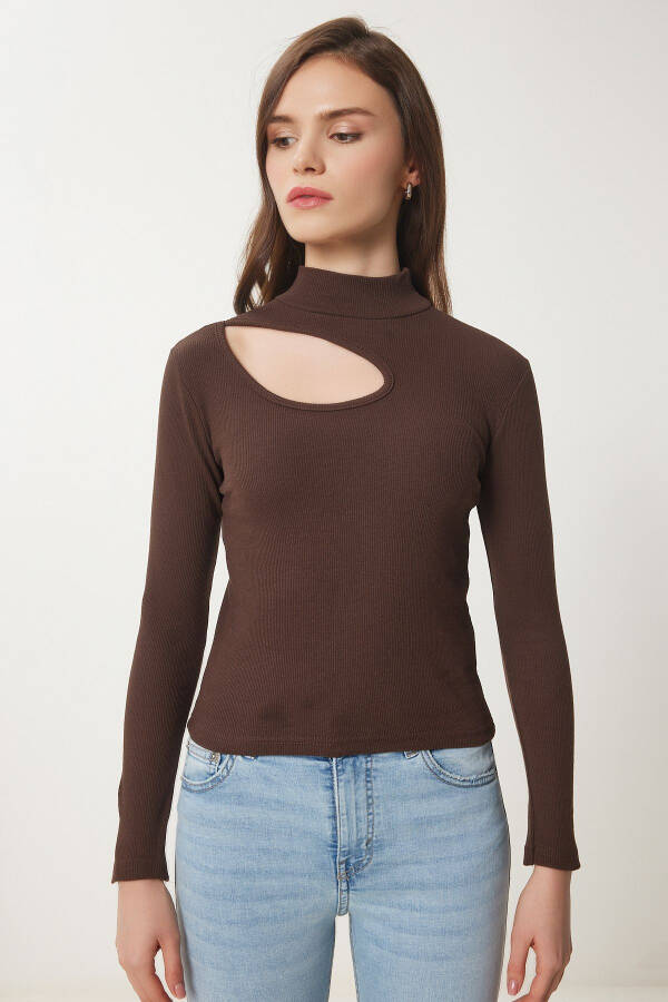 Women's Brown Cut Out Detail Ribbed Knit Blouse GT00065 - 4