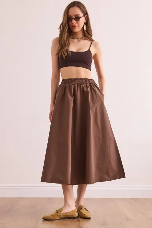 Women's Brown Elastic Waist Parachute Bell Skirt ET - 1