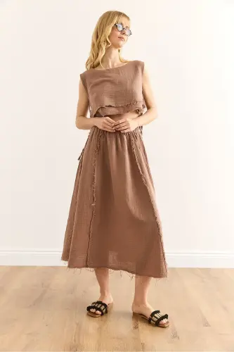 Women's Brown Elastic Waist Raw Hem Gauze Skirt - 3