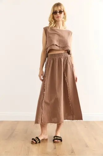 Women's Brown Elastic Waist Raw Hem Gauze Skirt - 4