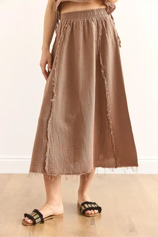 Women's Brown Elastic Waist Raw Hem Gauze Skirt - 5
