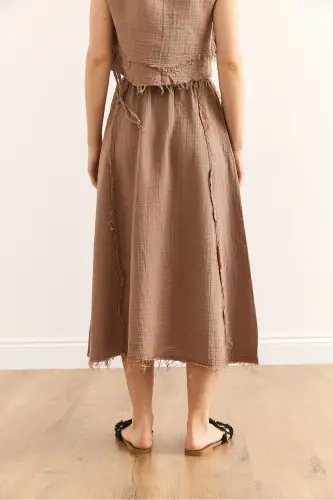 Women's Brown Elastic Waist Raw Hem Gauze Skirt - 6