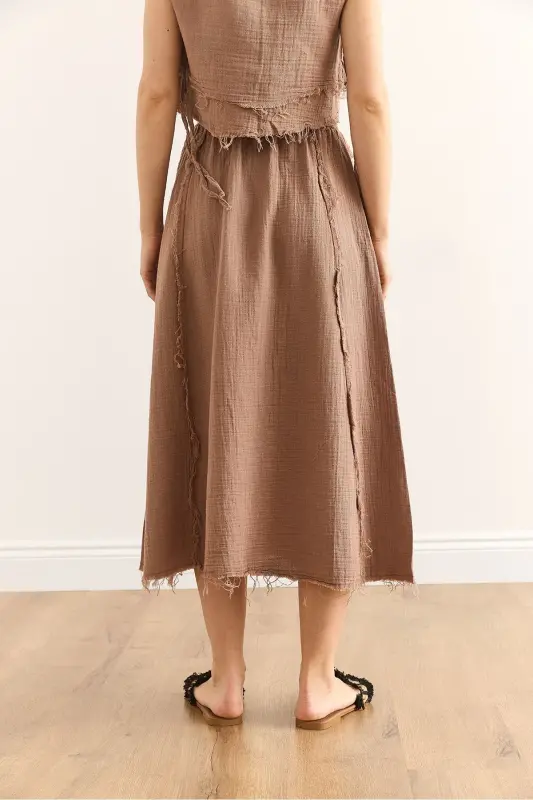 Women's Brown Elastic Waist Raw Hem Gauze Skirt - 6