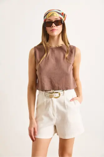 Women's Brown Flam Linen Crop Blouse BLZ-19002925-Brown - 3