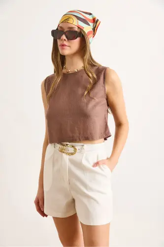 Women's Brown Flam Linen Crop Blouse BLZ-19002925-Brown - 4