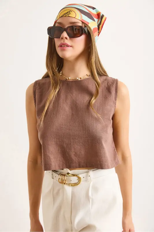 Women's Brown Flam Linen Crop Blouse BLZ-19002925-Brown - 5