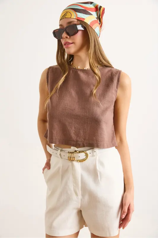 Women's Brown Flam Linen Crop Blouse BLZ-19002925-Brown - 6