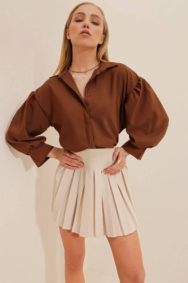 Women's Brown Hidden Button Balloon Sleeve Basic Poplin Shirt ALC-X9654 - 2