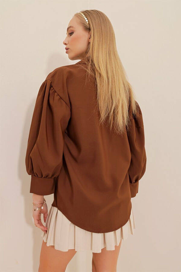 Women's Brown Hidden Button Balloon Sleeve Basic Poplin Shirt ALC-X9654 - 6