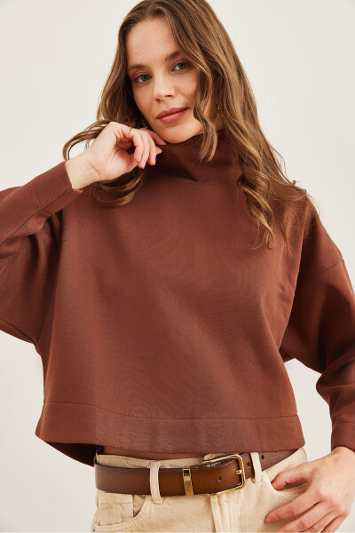 Women's Brown High Neck Batwing Crop Thistle Sweatshirt SWT-19000679 - 6