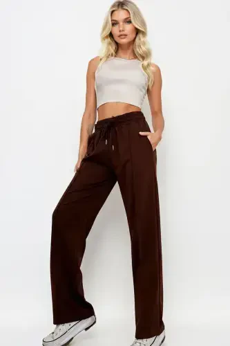 Women's Brown High Waist Front Pin Tuck Wide Leg Double Pocket Sweatpants ALC-X7957-Brown - 1