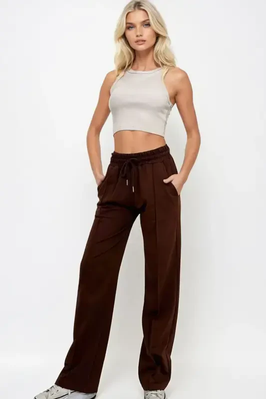 Women's Brown High Waist Front Pin Tuck Wide Leg Double Pocket Sweatpants ALC-X7957-Brown - 2