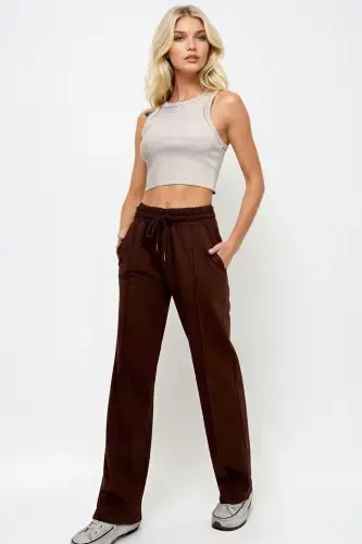 Women's Brown High Waist Front Pin Tuck Wide Leg Double Pocket Sweatpants ALC-X7957-Brown - 3