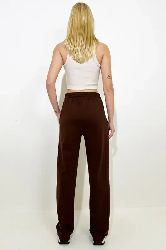 Women's Brown High Waist Front Pin Tuck Wide Leg Double Pocket Sweatpants ALC-X7957-Brown - 4