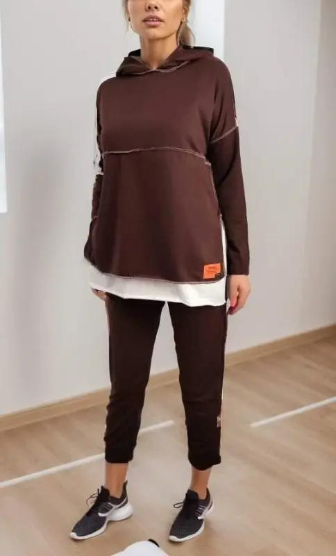 Women's Brown Hooded Hem Detail Patch Inside Out Look Two-Piece Set - 2