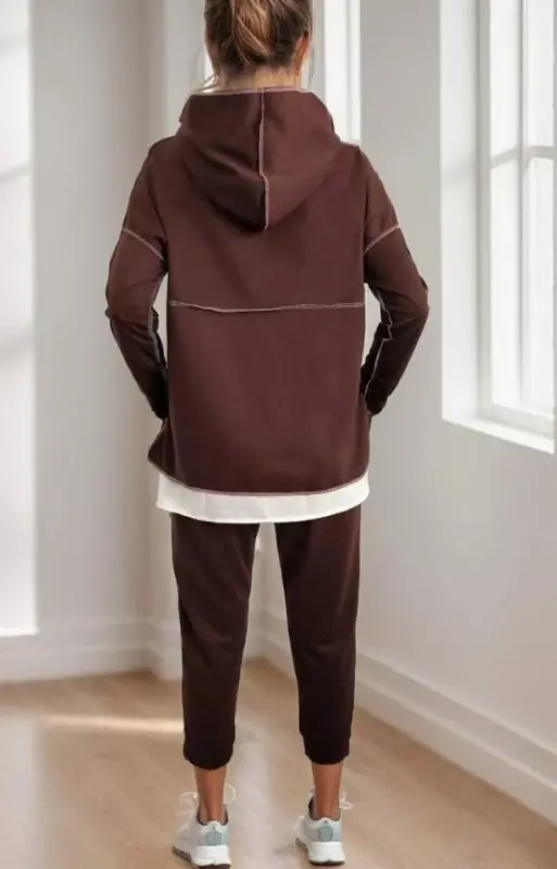 Women's Brown Hooded Hem Detail Patch Inside Out Look Two-Piece Set - 3