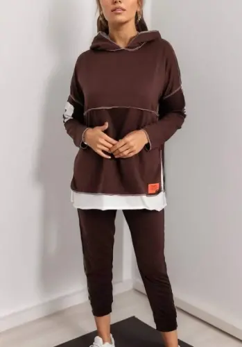 Women's Brown Hooded Hem Detail Patch Inside Out Look Two-Piece Set - 5