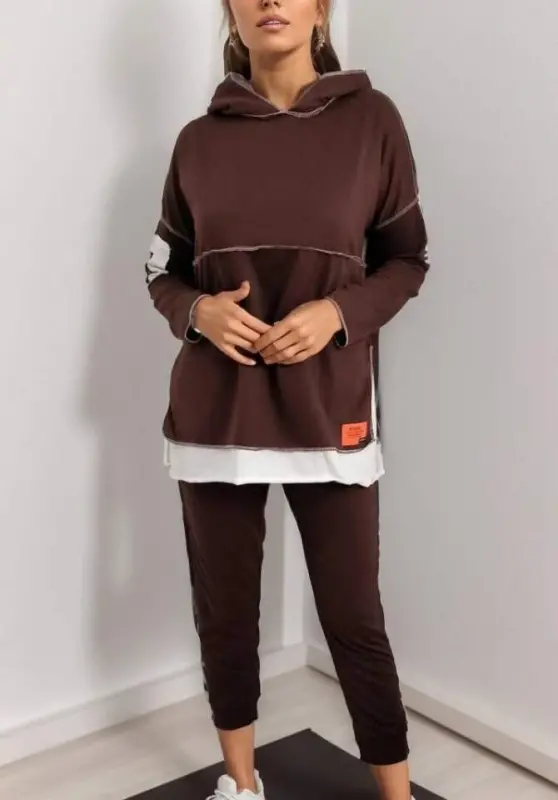 Women's Brown Hooded Hem Detail Patch Inside Out Look Two-Piece Set - 5