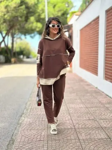 Women's Brown Hooded Hem Detail Patch Inside Out Look Two-Piece Set - 8