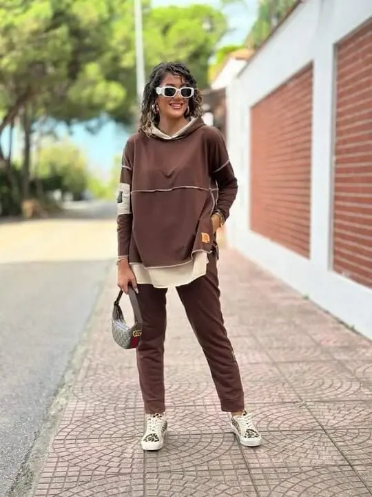 Women's Brown Hooded Hem Detail Patch Inside Out Look Two-Piece Set - 10