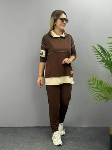 Women's Brown Hooded Hem Detail Patch Inside Out Look Two-Piece Set - 16