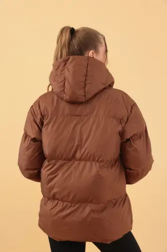 Women's Brown Hooded Puffer Jacket-Brown - 3