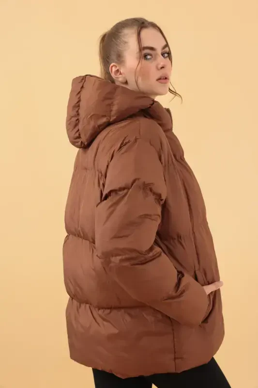 Women's Brown Hooded Puffer Jacket-Brown - 1