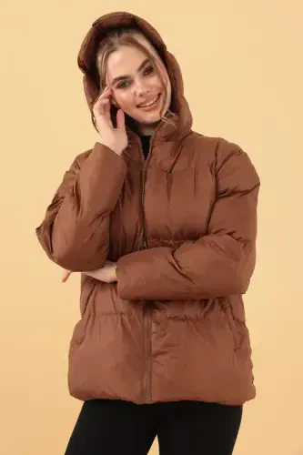 Women's Brown Hooded Puffer Jacket-Brown - 2