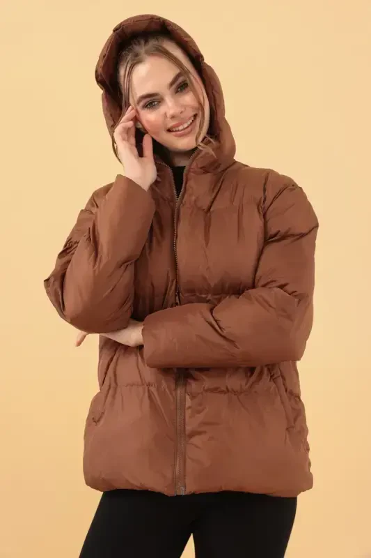 Women's Brown Hooded Puffer Jacket-Brown - 2