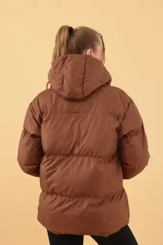 Women's Brown Hooded Puffer Jacket-Brown - 3