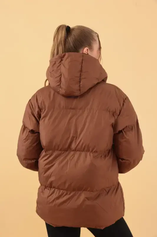 Women's Brown Hooded Puffer Jacket-Brown - 3