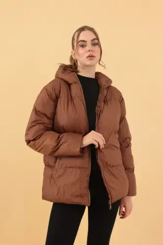 Women's Brown Hooded Puffer Jacket-Brown - 4